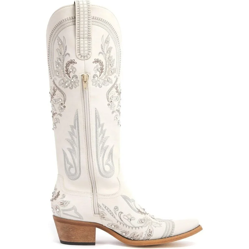 Women Faux Leather Cream Rhinestones Embroidered Chunky Heel Knee High Boot